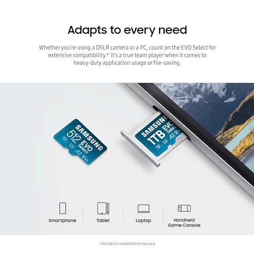 SAMSUNG EVO Select MicroSD Memory Card + Adapter, 512GB microSDXC, Speeds Up to 160 MB/s, UHS-I, C10, U3, V10, A2, Upgrade Storage for Phones, Tablets, Nintendo Switch, MB-ME512SA/AM