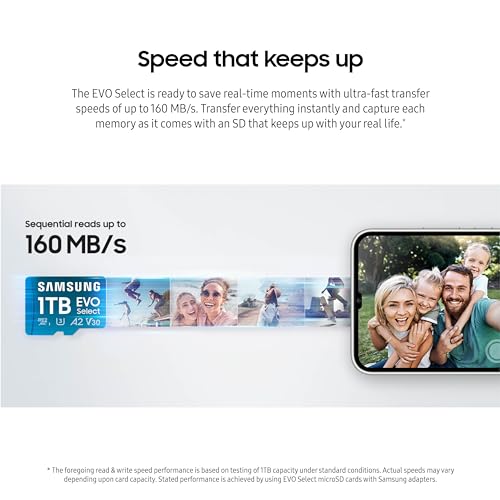 SAMSUNG EVO Select MicroSD Memory Card + Adapter, 512GB microSDXC, Speeds Up to 160 MB/s, UHS-I, C10, U3, V10, A2, Upgrade Storage for Phones, Tablets, Nintendo Switch, MB-ME512SA/AM