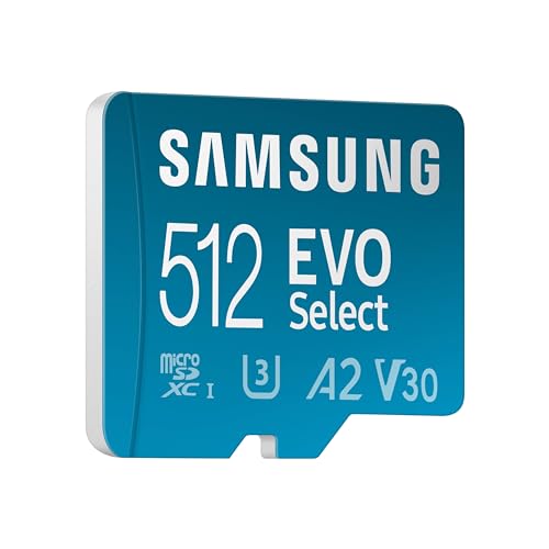 SAMSUNG EVO Select MicroSD Memory Card + Adapter, 512GB microSDXC, Speeds Up to 160 MB/s, UHS-I, C10, U3, V10, A2, Upgrade Storage for Phones, Tablets, Nintendo Switch, MB-ME512SA/AM