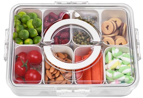 Divided Serving Tray with Lid and Handle - Snackle Box Charcuterie Platter, Clear Storage Organizer for Candy, Veggie, Fruits, Nuts& Spices, Portable Snack Container for Entertaining Party, Picnic