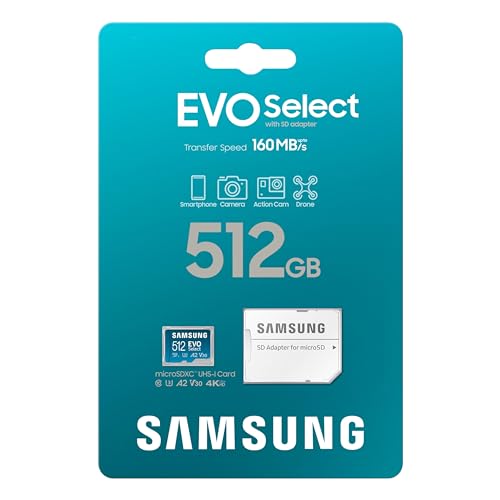 SAMSUNG EVO Select MicroSD Memory Card + Adapter, 512GB microSDXC, Speeds Up to 160 MB/s, UHS-I, C10, U3, V10, A2, Upgrade Storage for Phones, Tablets, Nintendo Switch, MB-ME512SA/AM
