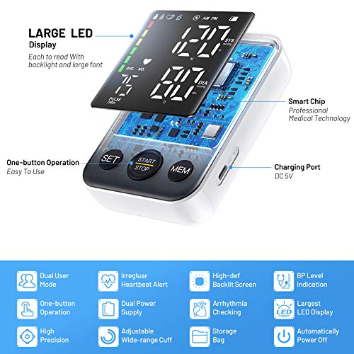 Blood Pressure Monitor Upper Arm Blood Pressure Monitors for Home Use with 2x120 Reading Memory Adjustable Arm Cuff 8.7"-15.7" LED Background Light Large Display Machine with Storage Bag - Black