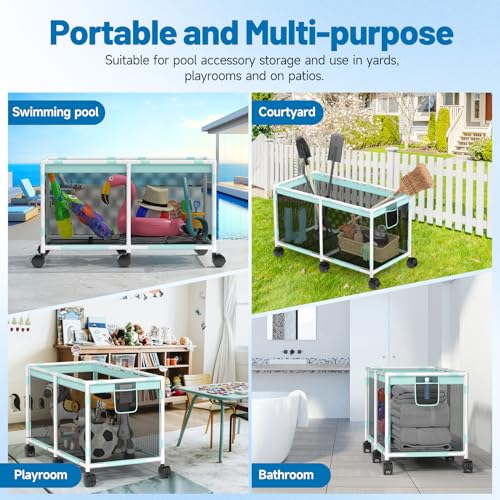 235 Gallon XXXL Extra Large Swimming Pool Storage Bin, Pool Noodles Holder, Toys, Floats, Balls and Floats Equipment Mesh Rolling Storage Organizer Bin, 69" Lx32" Wx35" H, Summer Vitality Mint Style