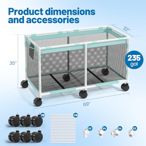 235 Gallon XXXL Extra Large Swimming Pool Storage Bin, Pool Noodles Holder, Toys, Floats, Balls and Floats Equipment Mesh Rolling Storage Organizer Bin, 69" Lx32" Wx35" H, Summer Vitality Mint Style