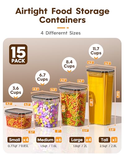 KEMETHY 15 Pack Airtight Food Storage Containers with Lids, Kitchen Pantry Organizers and Storage, BPA-Free Plastic Food Canisters for Cereal, Flour, Sugar, Pasta, Dry Food, Include Labels & Marker