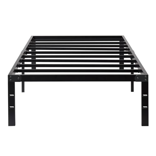 Horshod Twin Size Bed Frame, Metal Platform Frames No Box Spring Needed, Heavy Duty with Storage Space, 14 Inches High, Sturdy Steel Slat Support, Black
