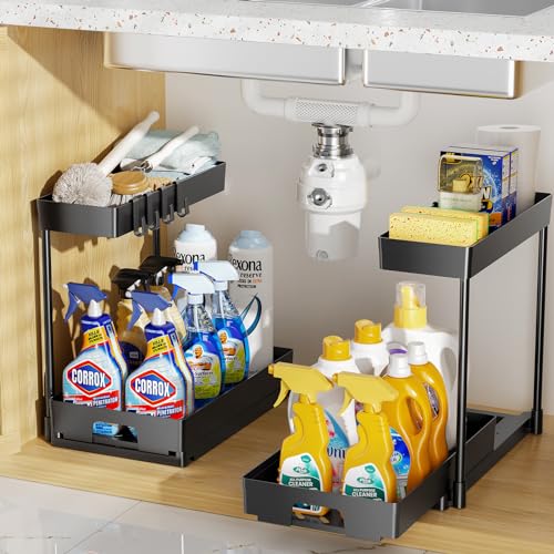 Delamu 2 Pack Under Sink Organizers and Storage, 2 Tier Pull Out Bathroom Cabinet Organizer, L-Shape Black Under Bathroom Kitchen Sink Organizer with Drawer for Under Sink Storage Organizer