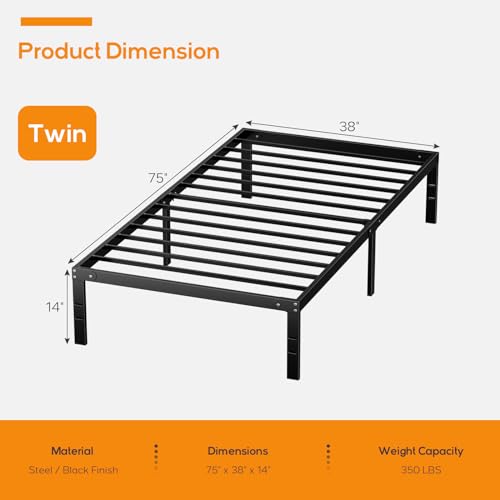 Horshod Twin Size Bed Frame, Metal Platform Frames No Box Spring Needed, Heavy Duty with Storage Space, 14 Inches High, Sturdy Steel Slat Support, Black