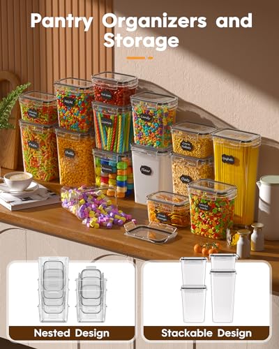 KEMETHY 15 Pack Airtight Food Storage Containers with Lids, Kitchen Pantry Organizers and Storage, BPA-Free Plastic Food Canisters for Cereal, Flour, Sugar, Pasta, Dry Food, Include Labels & Marker