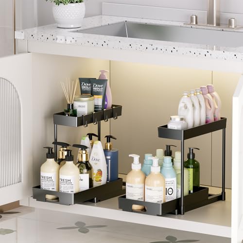 Delamu 2 Pack Under Sink Organizers and Storage, 2 Tier Pull Out Bathroom Cabinet Organizer, L-Shape Black Under Bathroom Kitchen Sink Organizer with Drawer for Under Sink Storage Organizer