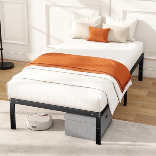 Horshod Twin Size Bed Frame, Metal Platform Frames No Box Spring Needed, Heavy Duty with Storage Space, 14 Inches High, Sturdy Steel Slat Support, Black