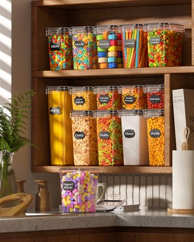 KEMETHY 15 Pack Airtight Food Storage Containers with Lids, Kitchen Pantry Organizers and Storage, BPA-Free Plastic Food Canisters for Cereal, Flour, Sugar, Pasta, Dry Food, Include Labels & Marker