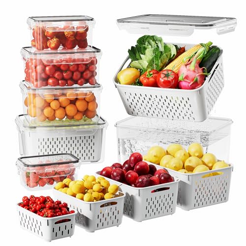 Canfanni 12 PCS Fruit Storage Containers for Fridge with Colander - BPA-Free Berry Container for Fridge，dishwasher & Microwave Safe，keep Vegetables, Berries and Meat Stay Fresher Longer