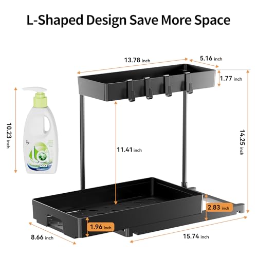 Delamu 2 Pack Under Sink Organizers and Storage, 2 Tier Pull Out Bathroom Cabinet Organizer, L-Shape Black Under Bathroom Kitchen Sink Organizer with Drawer for Under Sink Storage Organizer