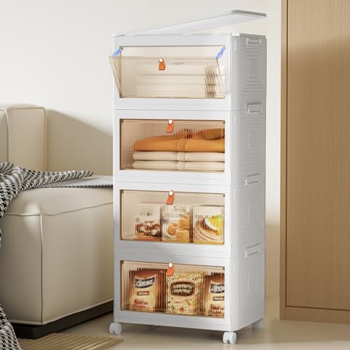 MapleGrace 4 Tier Stackable Plastic Storage Bins with Lids 23QT, Collapsible Closet Organizers and Storage with Wheels, Foldable Organization and Storage Cabinet, Storage Containers for Home