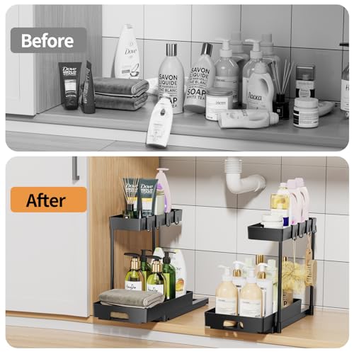 Delamu 2 Pack Under Sink Organizers and Storage, 2 Tier Pull Out Bathroom Cabinet Organizer, L-Shape Black Under Bathroom Kitchen Sink Organizer with Drawer for Under Sink Storage Organizer