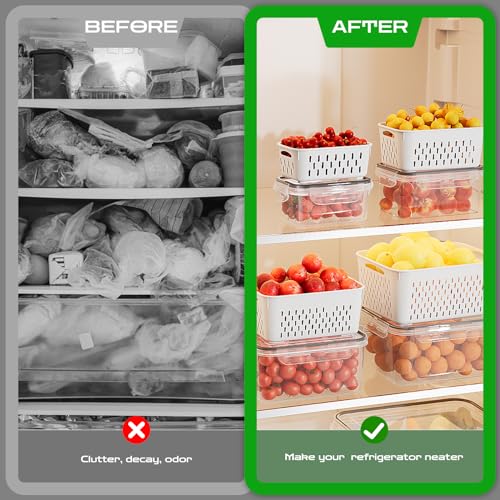 Canfanni 12 PCS Fruit Storage Containers for Fridge with Colander - BPA-Free Berry Container for Fridge，dishwasher & Microwave Safe，keep Vegetables, Berries and Meat Stay Fresher Longer