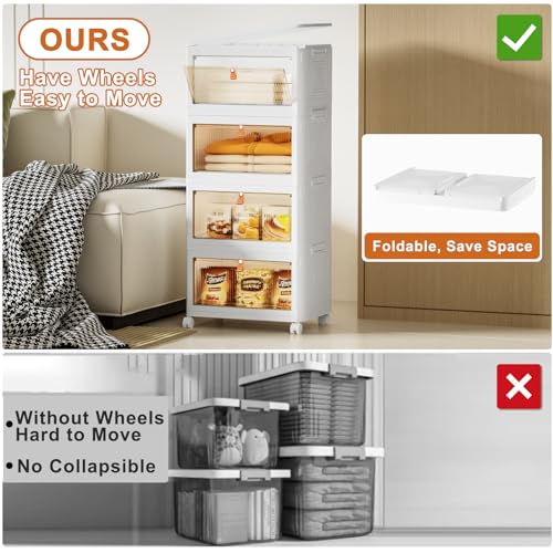 MapleGrace 4 Tier Stackable Plastic Storage Bins with Lids 23QT, Collapsible Closet Organizers and Storage with Wheels, Foldable Organization and Storage Cabinet, Storage Containers for Home