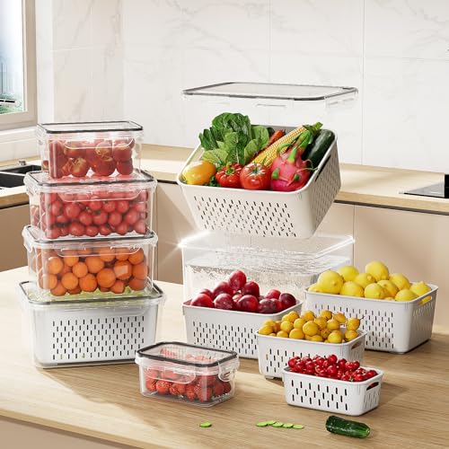 Canfanni 12 PCS Fruit Storage Containers for Fridge with Colander - BPA-Free Berry Container for Fridge，dishwasher & Microwave Safe，keep Vegetables, Berries and Meat Stay Fresher Longer