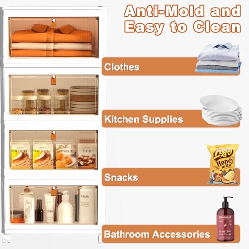 MapleGrace 4 Tier Stackable Plastic Storage Bins with Lids 23QT, Collapsible Closet Organizers and Storage with Wheels, Foldable Organization and Storage Cabinet, Storage Containers for Home