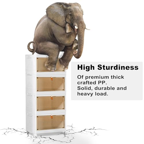 MapleGrace 4 Tier Stackable Plastic Storage Bins with Lids 23QT, Collapsible Closet Organizers and Storage with Wheels, Foldable Organization and Storage Cabinet, Storage Containers for Home