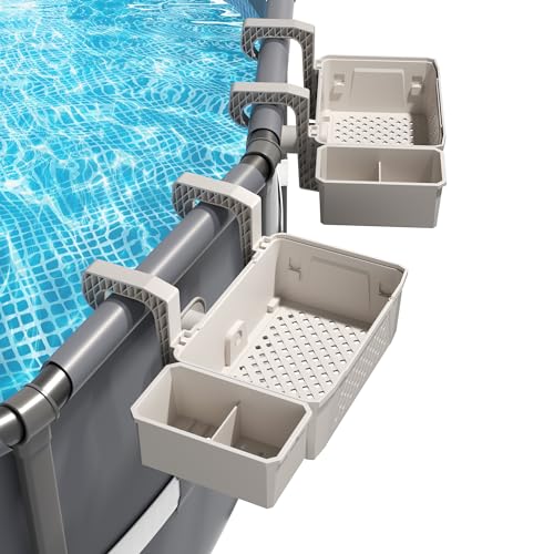 Dqiwlvy 2 Sets of Poolside Storage Baskets with Cup Holders - Perfect for 3-Inch or Smaller Top Rails - Above Ground Pool Accessories - Fit for Most Above Ground Pool (Grey)