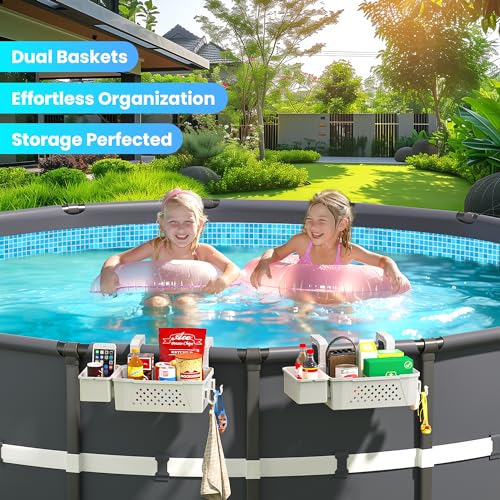 Dqiwlvy 2 Sets of Poolside Storage Baskets with Cup Holders - Perfect for 3-Inch or Smaller Top Rails - Above Ground Pool Accessories - Fit for Most Above Ground Pool (Grey)