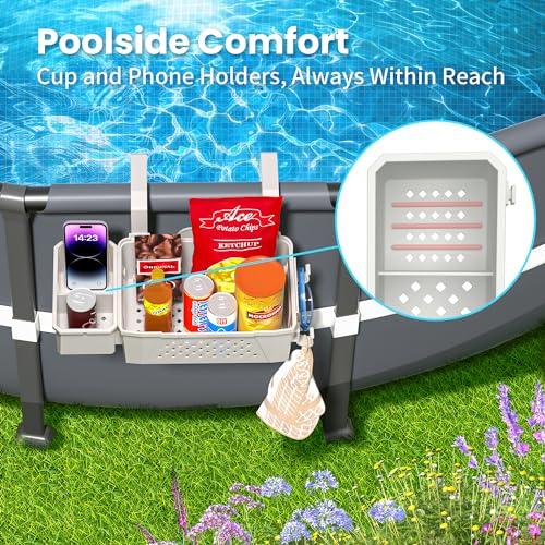 Dqiwlvy 2 Sets of Poolside Storage Baskets with Cup Holders - Perfect for 3-Inch or Smaller Top Rails - Above Ground Pool Accessories - Fit for Most Above Ground Pool (Grey)