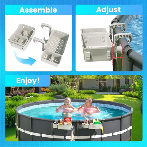 Dqiwlvy 2 Sets of Poolside Storage Baskets with Cup Holders - Perfect for 3-Inch or Smaller Top Rails - Above Ground Pool Accessories - Fit for Most Above Ground Pool (Grey)