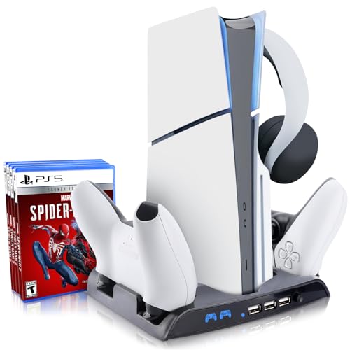 PS5 Slim Cooling Stand with Charging Station for Playstation 5 Slim Console(Digital/Disc), Controller Charger Slim Accessories Cooler Silent Fan. Headset Holder, 3 USB Hub, 8 Game Storage - Black