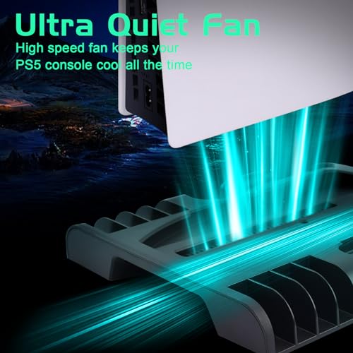 PS5 Slim Cooling Stand with Charging Station for Playstation 5 Slim Console(Digital/Disc), Controller Charger Slim Accessories Cooler Silent Fan. Headset Holder, 3 USB Hub, 8 Game Storage - Black