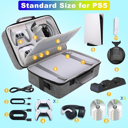 Hard Shell Carrying Case for PS5, Travel Case Compatible with PS5 Console Controller, Shockproof Protective Storage Bag for Playstation 5 Disk Digital Edition, Headset, Base and Game Accessories(Grey)