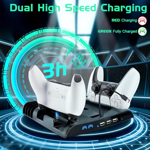 PS5 Slim Cooling Stand with Charging Station for Playstation 5 Slim Console(Digital/Disc), Controller Charger Slim Accessories Cooler Silent Fan. Headset Holder, 3 USB Hub, 8 Game Storage - Black