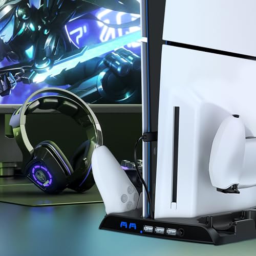 PS5 Slim Cooling Stand with Charging Station for Playstation 5 Slim Console(Digital/Disc), Controller Charger Slim Accessories Cooler Silent Fan. Headset Holder, 3 USB Hub, 8 Game Storage - Black