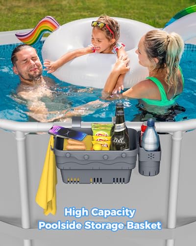 Poolside Storage Basket for Above Ground Pools, Above Ground Pool Accessories, Swimming Pool Storage Basket with Pool Cup Holder, Versatile Organization for Pool Accessories(2 Pack)