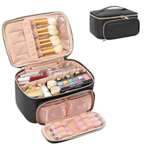 OCHEAL Makeup Bag, Multifunctional Make Up Bags with Zipper Pouch Large Compact Makeup Bag Organizer for Women Girls Cosmetics Toiletry Brushes Storage Makeup Case with Handle Divider-Black