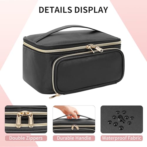 OCHEAL Makeup Bag, Multifunctional Make Up Bags with Zipper Pouch Large Compact Makeup Bag Organizer for Women Girls Cosmetics Toiletry Brushes Storage Makeup Case with Handle Divider-Black