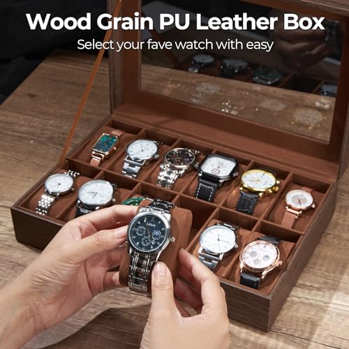 Ohuhu Watch Case, 12 Slot Wood Grain PU Leather Watch box Real Glass Lid Jewelry Organizer Storage - Soft velvet Watch Display Case for Men and Women Birthday Gifts