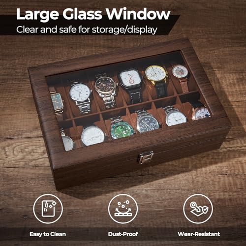 Ohuhu Watch Case, 12 Slot Wood Grain PU Leather Watch box Real Glass Lid Jewelry Organizer Storage - Soft velvet Watch Display Case for Men and Women Birthday Gifts