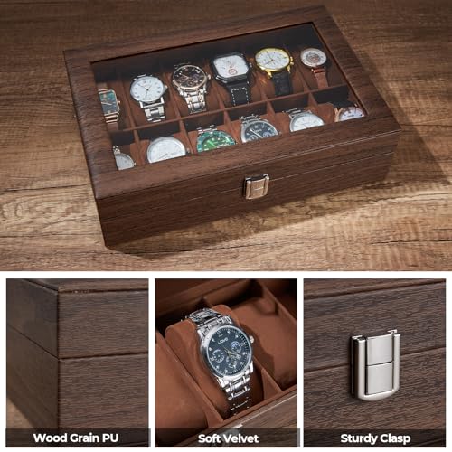 Ohuhu Watch Case, 12 Slot Wood Grain PU Leather Watch box Real Glass Lid Jewelry Organizer Storage - Soft velvet Watch Display Case for Men and Women Birthday Gifts