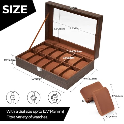 Ohuhu Watch Case, 12 Slot Wood Grain PU Leather Watch box Real Glass Lid Jewelry Organizer Storage - Soft velvet Watch Display Case for Men and Women Birthday Gifts