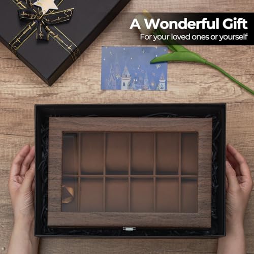 Ohuhu Watch Case, 12 Slot Wood Grain PU Leather Watch box Real Glass Lid Jewelry Organizer Storage - Soft velvet Watch Display Case for Men and Women Birthday Gifts