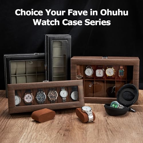 Ohuhu Watch Case, 12 Slot Wood Grain PU Leather Watch box Real Glass Lid Jewelry Organizer Storage - Soft velvet Watch Display Case for Men and Women Birthday Gifts