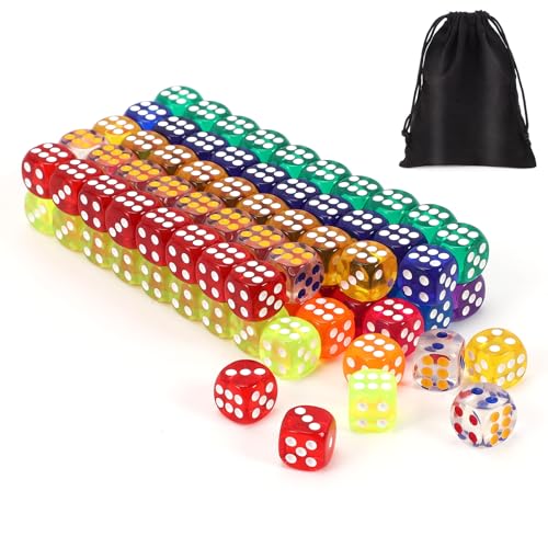 100Pcs Colored Dice Set Standard 16mm Game Dice Bulk with a Black Drawstring Storage Bag, for Learning, Dice for Classroom (Colored)