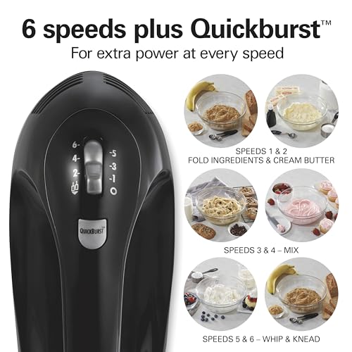 Hamilton Beach 6-Speed Electric Hand Mixer with Whisk, Dough Hooks and Easy Clean Beaters, 275 Watts, Snap-On Storage Case, Black