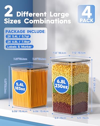 KEMETHY 4 Pcs Airtight Food Storage Containers with Lids (6.8L/230oz) & (5.4L/183oz), BPA Free Large Airtight Plastic Storage Jars for Flour, Cereal, Sugar, Baking Supplies, with Labels & Maker