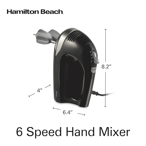 Hamilton Beach 6-Speed Electric Hand Mixer with Whisk, Dough Hooks and Easy Clean Beaters, 275 Watts, Snap-On Storage Case, Black
