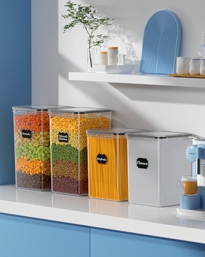 KEMETHY 4 Pcs Airtight Food Storage Containers with Lids (6.8L/230oz) & (5.4L/183oz), BPA Free Large Airtight Plastic Storage Jars for Flour, Cereal, Sugar, Baking Supplies, with Labels & Maker