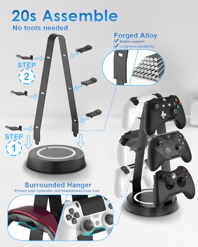 Game Controller Holder 3 Tier-Universal Headphone Stand for Desk, Aluminum Controller Stand Headset Holder Desk Storage Organizer Compatible with Xbox PS4 PS5 Switch PC Gaming Accessories(Black)