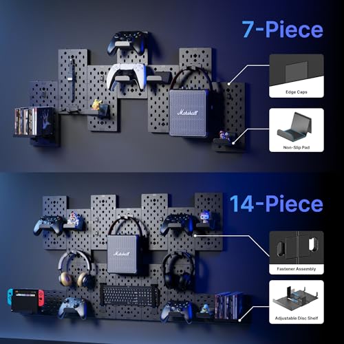 PEGZONE Controller and Headphone Holder Wall Mount, Modular Gaming Pegboard with Accessories, Controller Stand for Xbox PS5 PS4 Switch, Video Game Storage, Disc Shelf Organizer, 14pcs Pegboard, Black